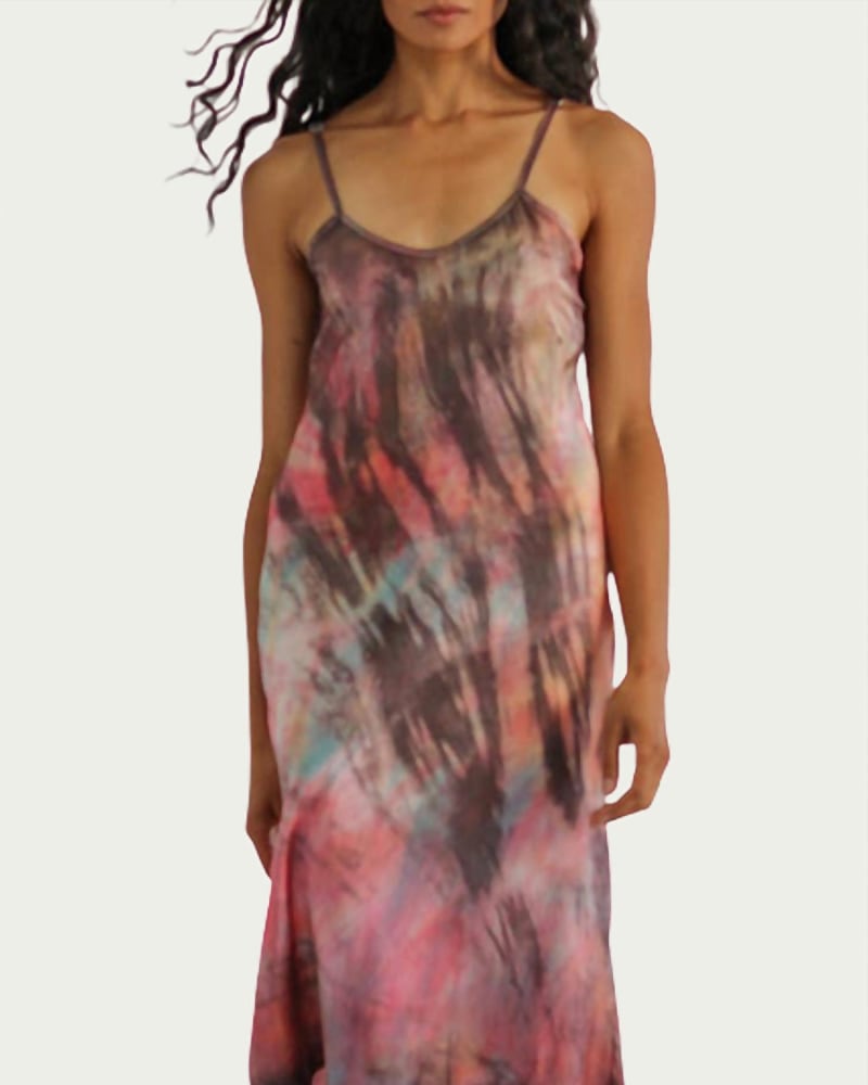 Front of a model wearing a size L Tie-Dyed Silk Charmeuse Slip Dress in Multi in Multi by haley solar. | dia_product_style_image_id:340971